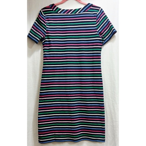 Talbots Striped Bow Shift Dress 100% Cotton S/S Navy Blue Pink Yellow Medium EUC - Picture 4 of 6